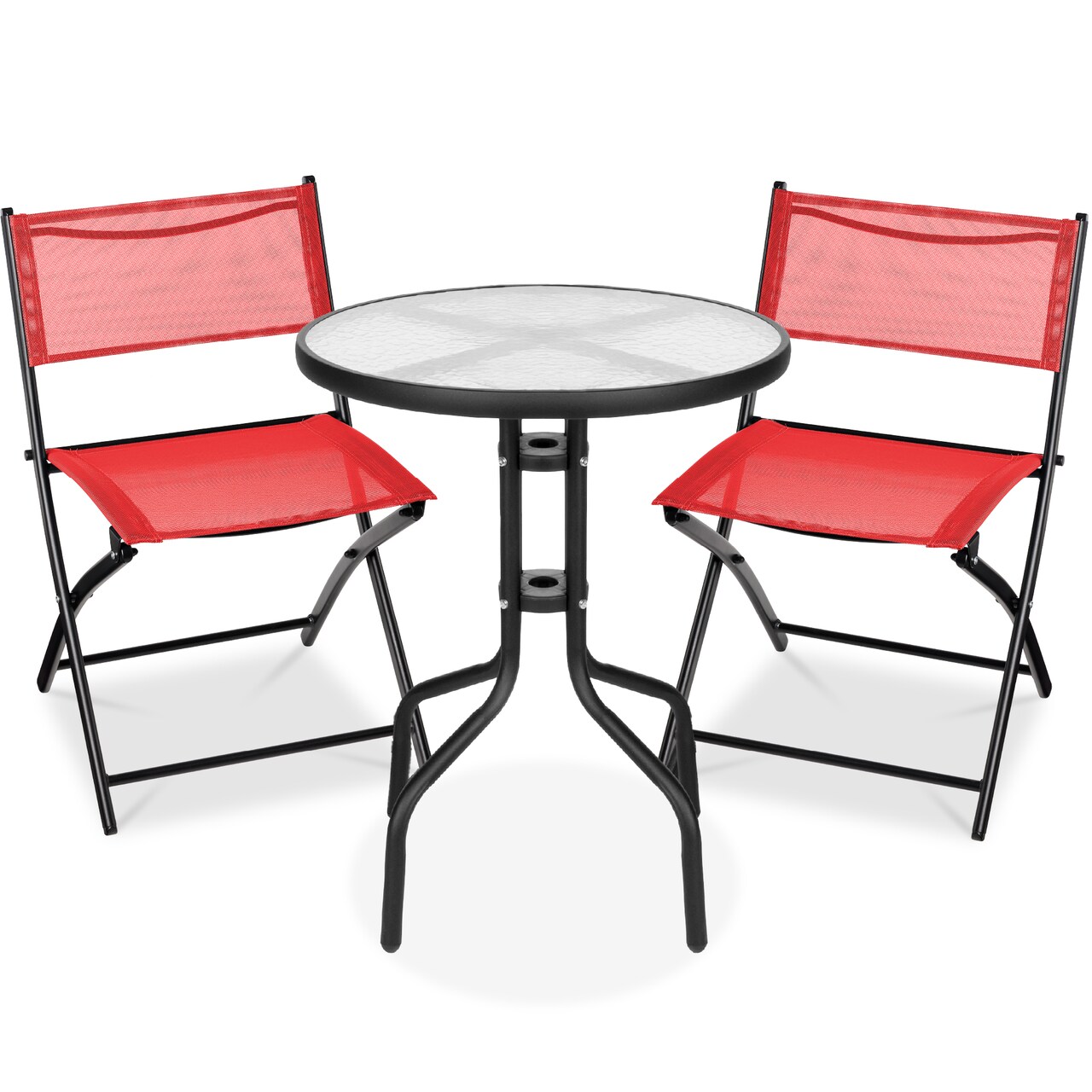 Best Choice Products 3-Piece Patio Bistro Dining Furniture Set w/ Round Textured Glass Tabletop, Folding Chairs